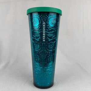 Starbucks 24 oz Tumbler Cup Teal Blue Embossed‎ Floral Green Cold Cup No Straw